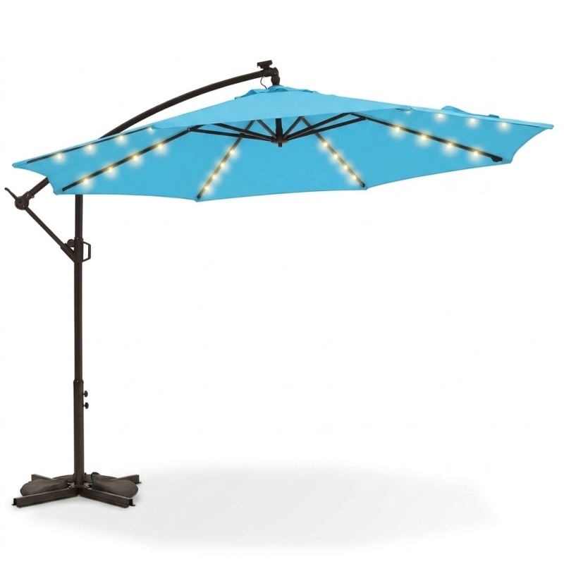 9.7ft Solar LED Cantilever Patio Umbrella with Base & Cover, Light Blue - Image 3