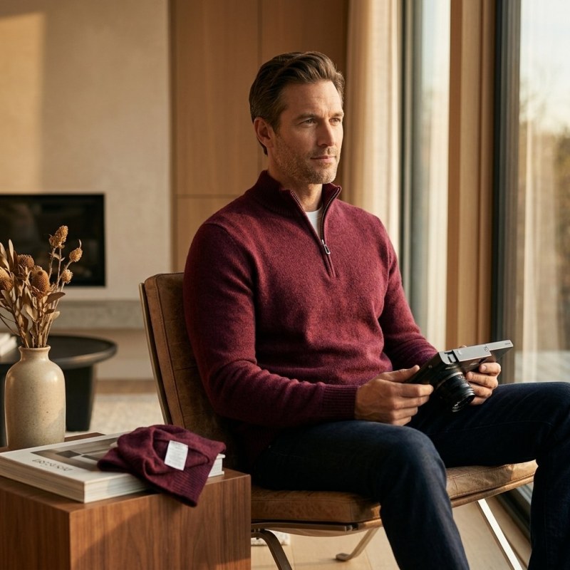 Men's 100% Pure Cashmere Half-Zip Sweater in Wine Red - Image 3