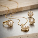 14K Gold Plated Pearl Jewelry Set - Waveform Scalloped Necklace, Ring & Earrings thumbnail 8