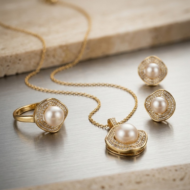 14K Gold Plated Pearl Jewelry Set - Waveform Scalloped Necklace, Ring & Earrings - Image 8