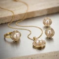 14K Gold Plated Pearl Jewelry Set - Waveform Scalloped Necklace, Ring & Earrings 8