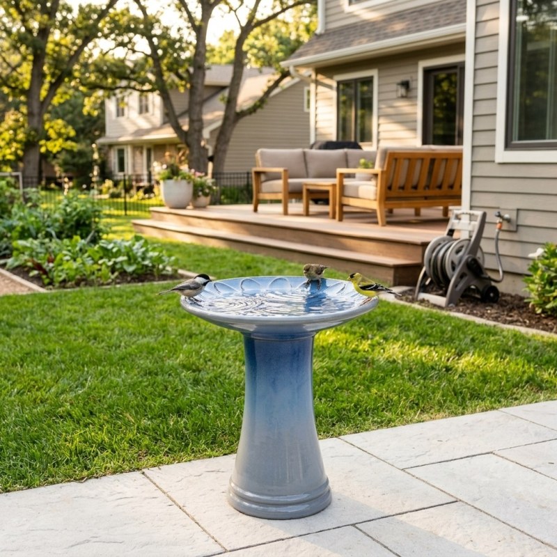 17'' Elegant Ceramic Bird Bath - Blue Ombre Floral Pedestal for Garden - Image 3