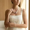 Triple Strand Pearl Necklace with Teardrop Faux Ruby Pendant, 18" 4