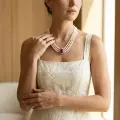 Triple Strand Pearl Necklace with Teardrop Faux Ruby Pendant, 18" 4