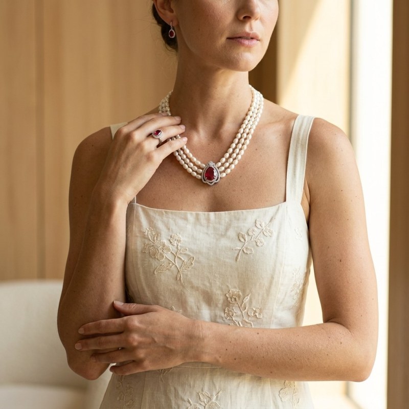 Triple Strand Pearl Necklace with Teardrop Faux Ruby Pendant, 18" - Image 4