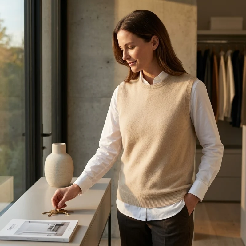 Women's 100% Pure Cashmere Brushed Crewneck Vest - Main Image