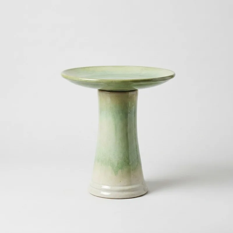 17" Handmade Green Gradient Ceramic Bird Bath - Elegant Outdoor Garden Decor - Main Image