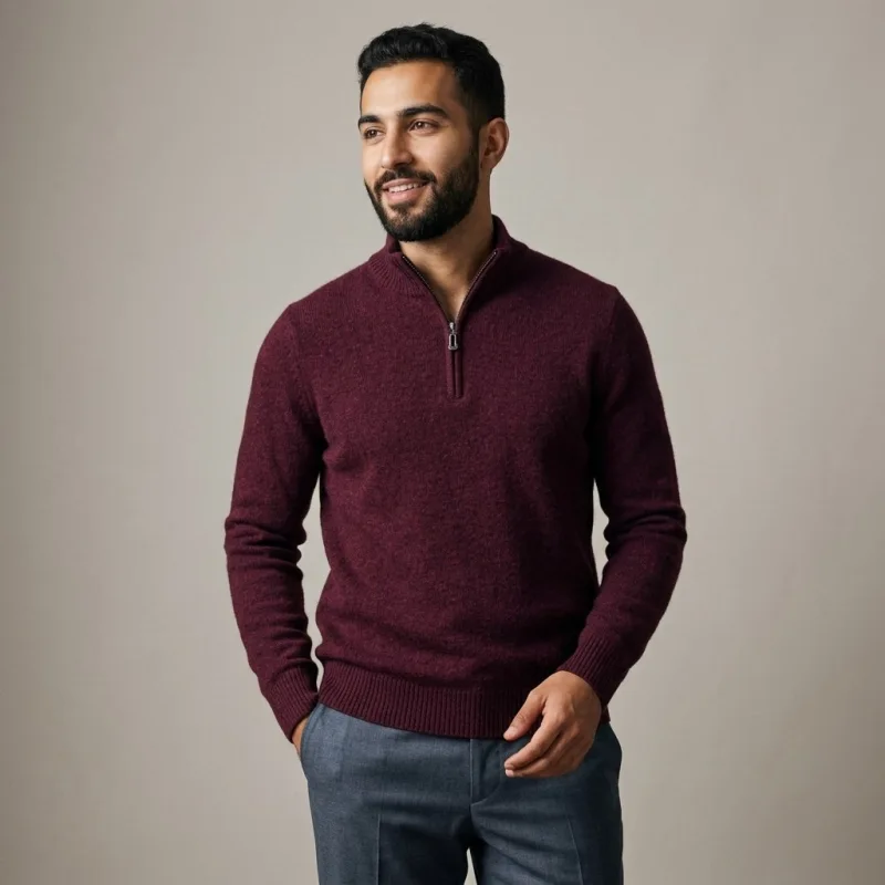 Men's 100% Pure Cashmere Half-Zip Sweater in Wine Red - Main Image