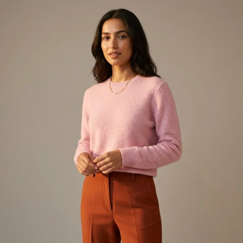 100% Pure Cashmere Soft Pink Women's Crew Neck Pullover - Main Image