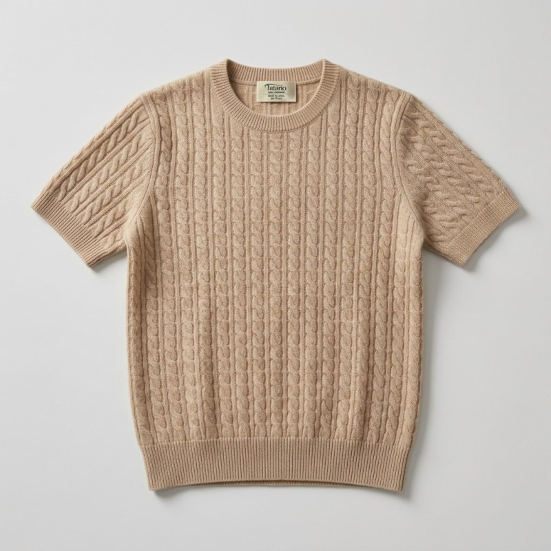 Women's 100% Pure Cashmere Short Sleeve Cable Knit Crew Neck Sweater - Image 6