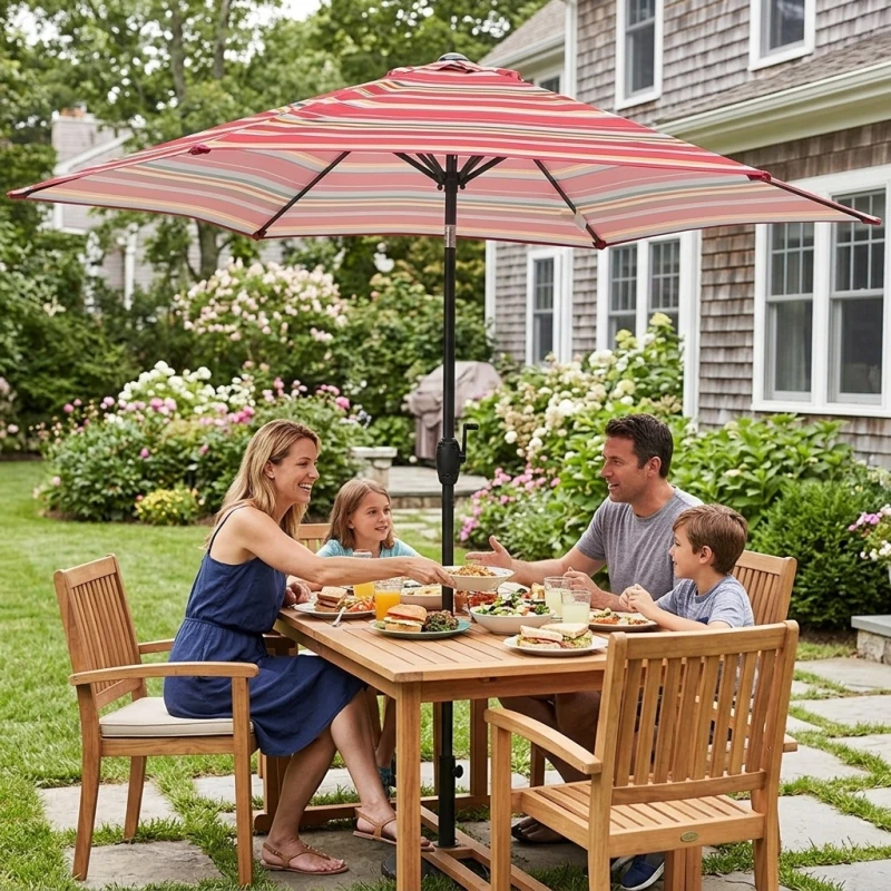 9FT Patio Umbrella with Crank Handle and Push-Button Tilt, Red Striped - Main Image