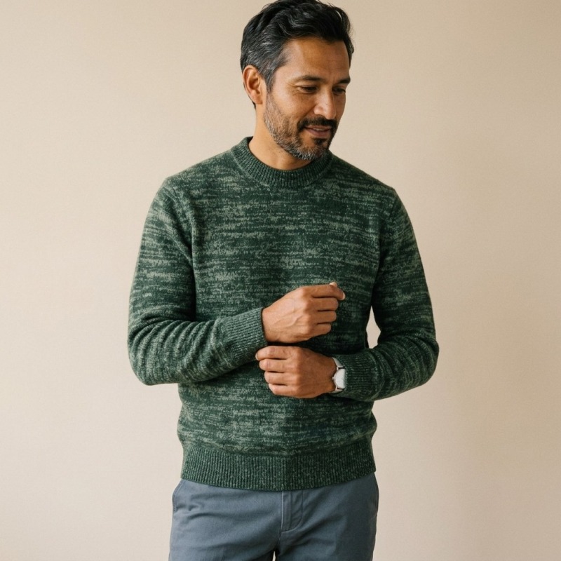 Tatario Men's 100% Pure Cashmere Thickened Crew Neck Sweater - Light Dark Green, Luxurious & Warm - Main Image