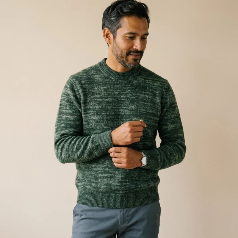 Tatario Men's 100% Pure Cashmere Thickened Crew Neck Sweater - Light Dark Green, Luxurious & Warm - Main Image