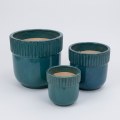 Handmade Teal Ceramic Planter Set of 3 - 15/12/9 Inch Ribbed Glazed Pots 1