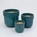 Handmade Teal Ceramic Planter Set of 3 - 15/12/9 Inch Ribbed Glazed Pots 1