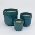 Handmade Teal Ceramic Planter Set of 3 - 15/12/9 Inch Ribbed Glazed Pots 1