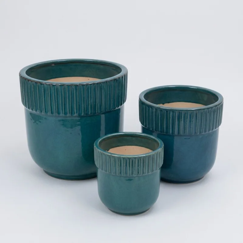 Handmade Teal Ceramic Planter Set of 3 - 15/12/9 Inch Ribbed Glazed Pots - Main Image