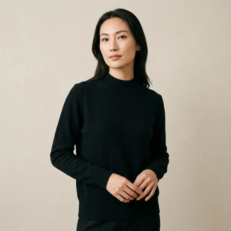 Women's 100% Pure Cashmere Black Mock Neck Sweater - Main Image