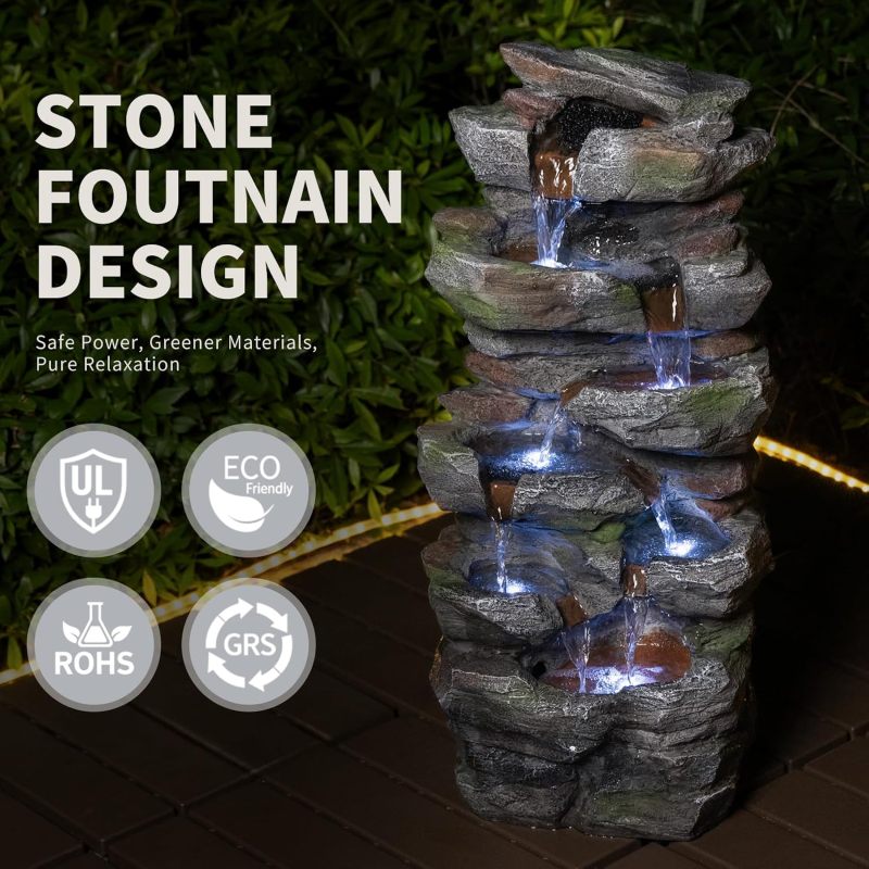 Stacked Rock Outdoor Fountain with LED Lights, Natural Landscape Decor, 23.6"  - Image 4