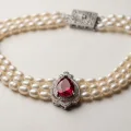 Triple Strand Pearl Necklace with Teardrop Faux Ruby Pendant, 18" 2