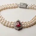 Triple Strand Pearl Necklace with Teardrop Faux Ruby Pendant, 18" 2