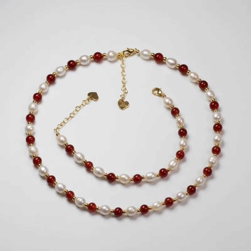 Natural Pearl & Red Agate 14K Gold Plated Necklace and Bracelet Jewelry Set - Main Image