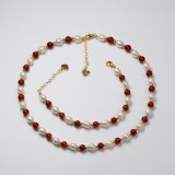 Natural Pearl & Red Agate 14K Gold Plated Necklace and Bracelet Jewelry Set thumbnail 1