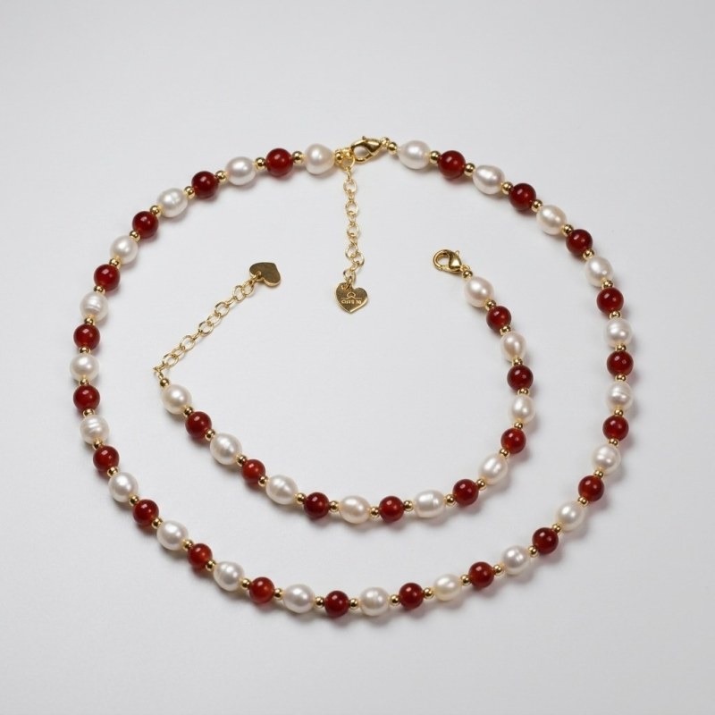Natural Pearl & Red Agate 14K Gold Plated Necklace and Bracelet Jewelry Set - Image 1