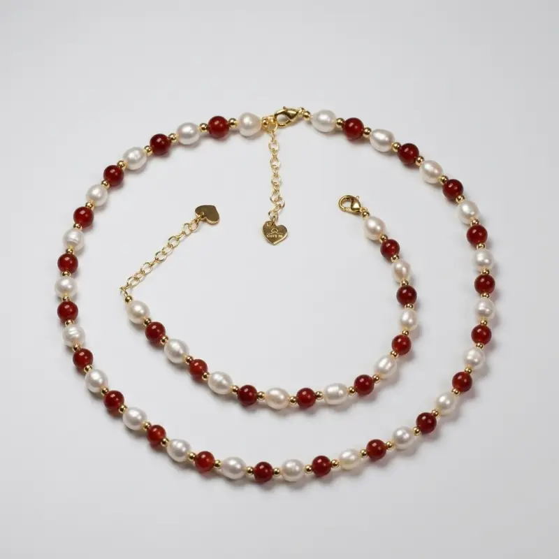Natural Pearl & Red Agate 14K Gold Plated Necklace and Bracelet Jewelry Set - Main Image