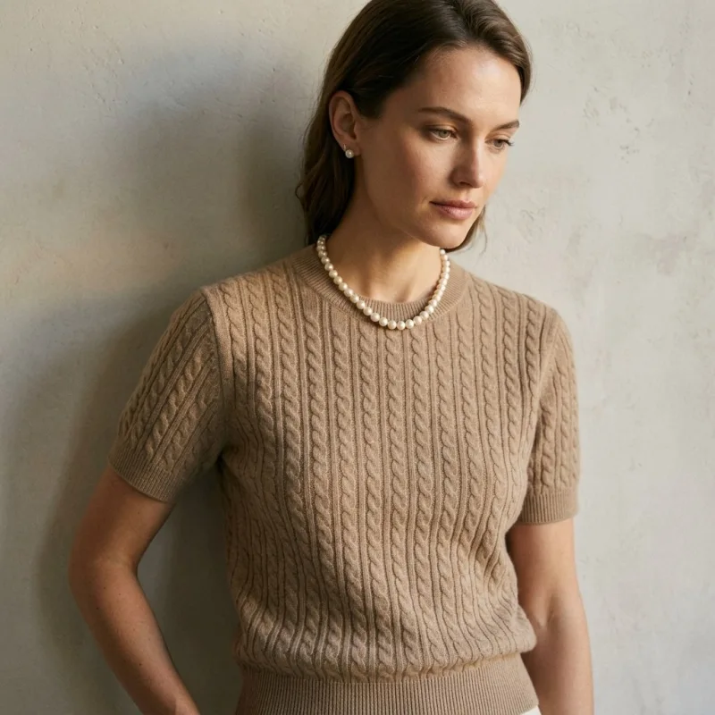 Women's 100% Pure Cashmere Classic Cable Knit Short-Sleeve Sweater - Main Image