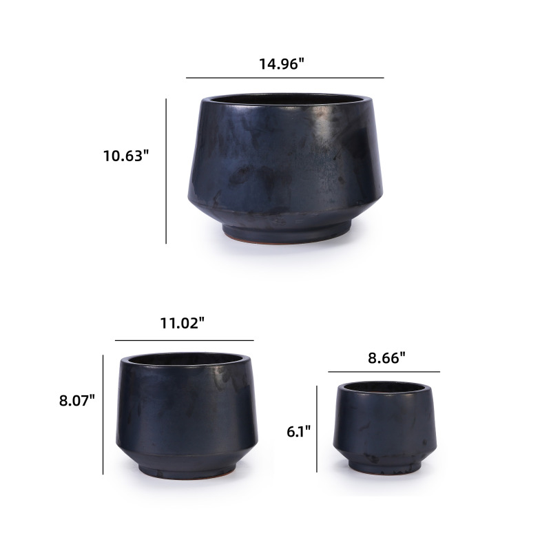 Set of 3 Handmade Black Matte Ceramic Planters - 15/11/9 Inch Modern Pots - Image 4