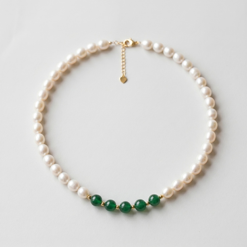 Green Agate and White Pearl Necklace, 8.5mm, 17in, 18K Gold Plated - Main Image