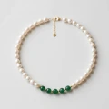Green Agate and White Pearl Necklace, 8.5mm, 17in, 18K Gold Plated 1