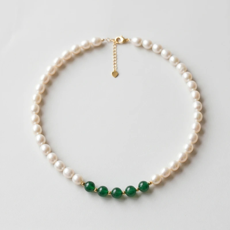 Green Agate and White Pearl Necklace, 8.5mm, 17in, 18K Gold Plated - Main Image