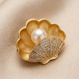 Elegant Seashell Freshwater Pearl Brooch with Sparkling Zirconia 11mm thumbnail 2