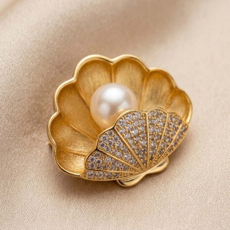 Elegant Seashell Freshwater Pearl Brooch with Sparkling Zirconia 11mm - Image 2