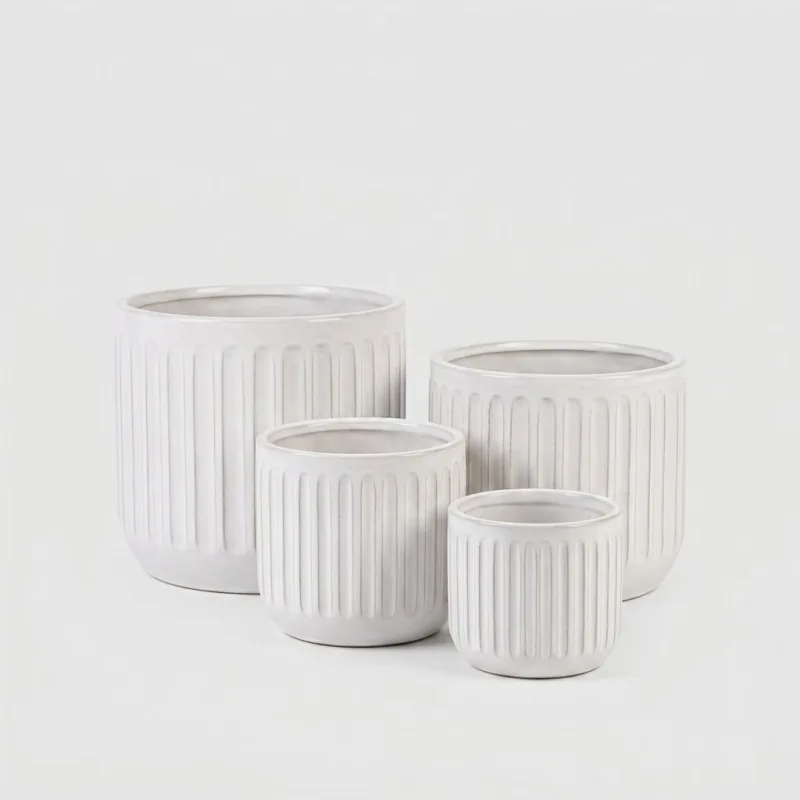 Set of 4 Handmade White Ceramic Ribbed Planters - 6, 8, 10, 12 Inch Sizes - Main Image