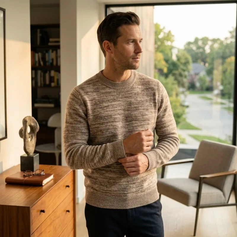 Tatatio Men's 100% Pure Cashmere Thickened Crew Neck Sweater - Light Heather Camel, Luxurious Warmth - Main Image