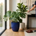 17-Inch Handmade Ceramic Planter - Deep Blue Rhombic Texture Breathable Terracotta Pot 2