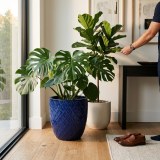 17-Inch Handmade Ceramic Planter - Deep Blue Rhombic Texture Breathable Terracotta Pot thumbnail 2