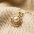 14K Gold Plated Double Loop Rhinestone Pearl Necklace, 9.68mm, 19in 7