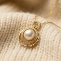 14K Gold Plated Double Loop Rhinestone Pearl Necklace, 9.68mm, 19in 7