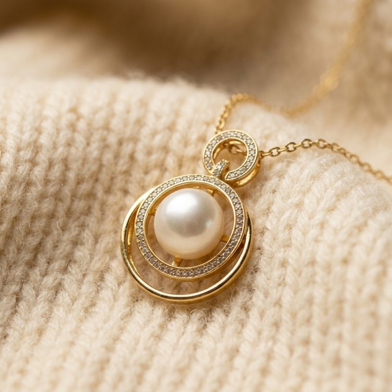 14K Gold Plated Double Loop Rhinestone Pearl Necklace, 9.68mm, 19in - Image 7