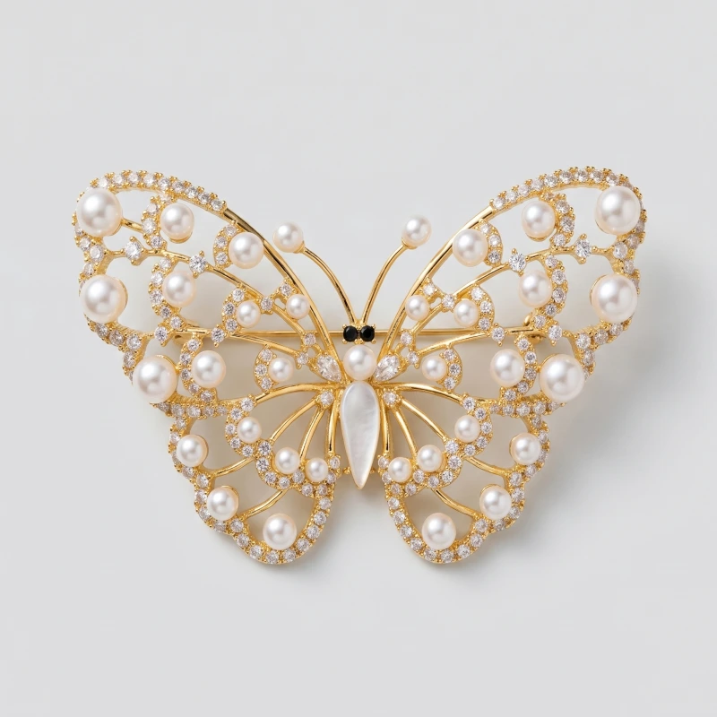 14K Gold Butterfly Brooch with Rhinestones and Pearls, Hollow Out Design, 3.6-6.0mm - Main Image