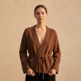 Women's Premium 100% Pure Cashmere Wide Collar Tie-Front Cardigan - Elegant Coffee Brown Luxury Wrap Top thumbnail 1
