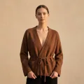Women's Premium 100% Pure Cashmere Wide Collar Tie-Front Cardigan - Elegant Coffee Brown Luxury Wrap Top 1
