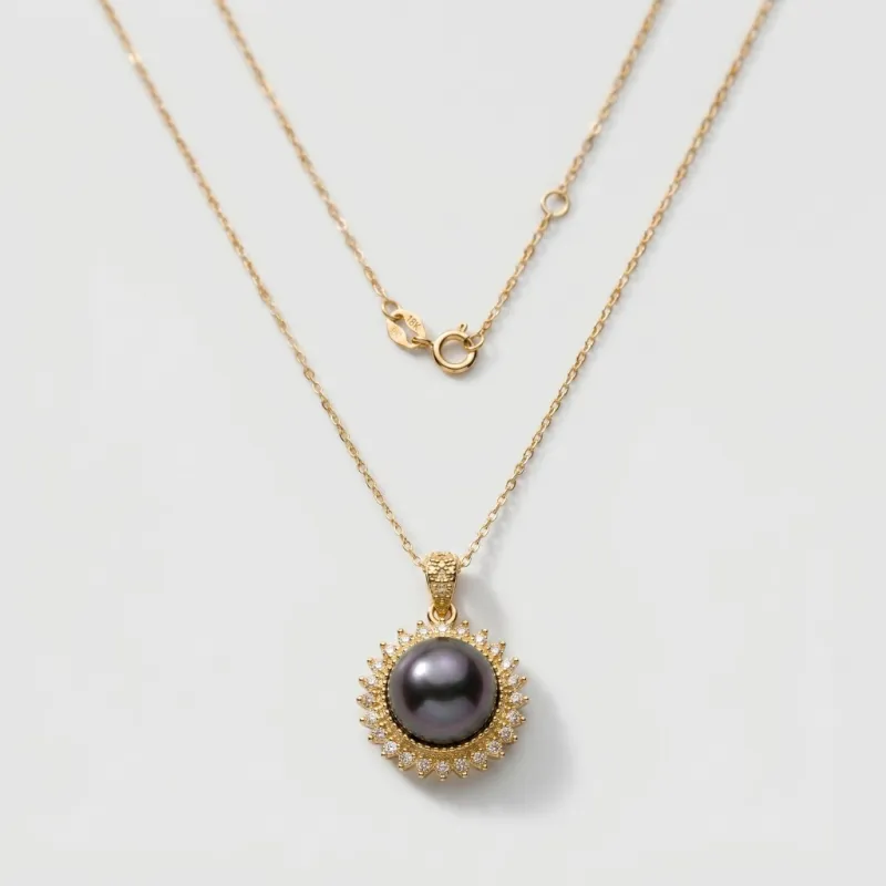 Black Pearl Halo Necklace, 11mm, 18 in, 18K Gold Plated - Main Image