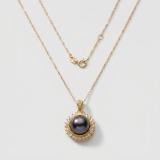 Black Pearl Halo Necklace, 11mm, 18 in, 18K Gold Plated thumbnail 1