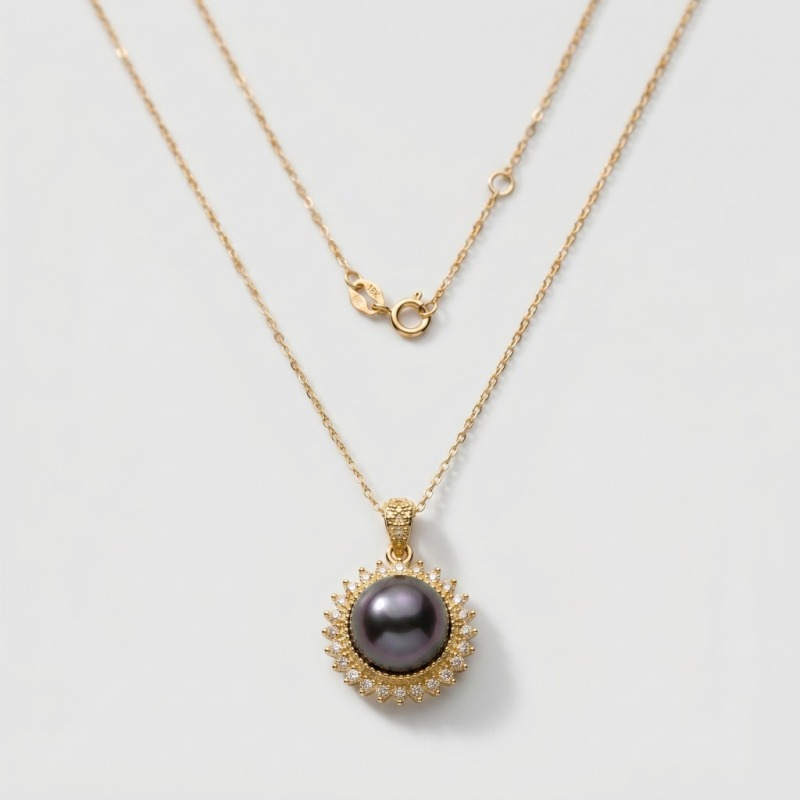 Black Pearl Halo Necklace, 11mm, 18 in, 18K Gold Plated - Image 1