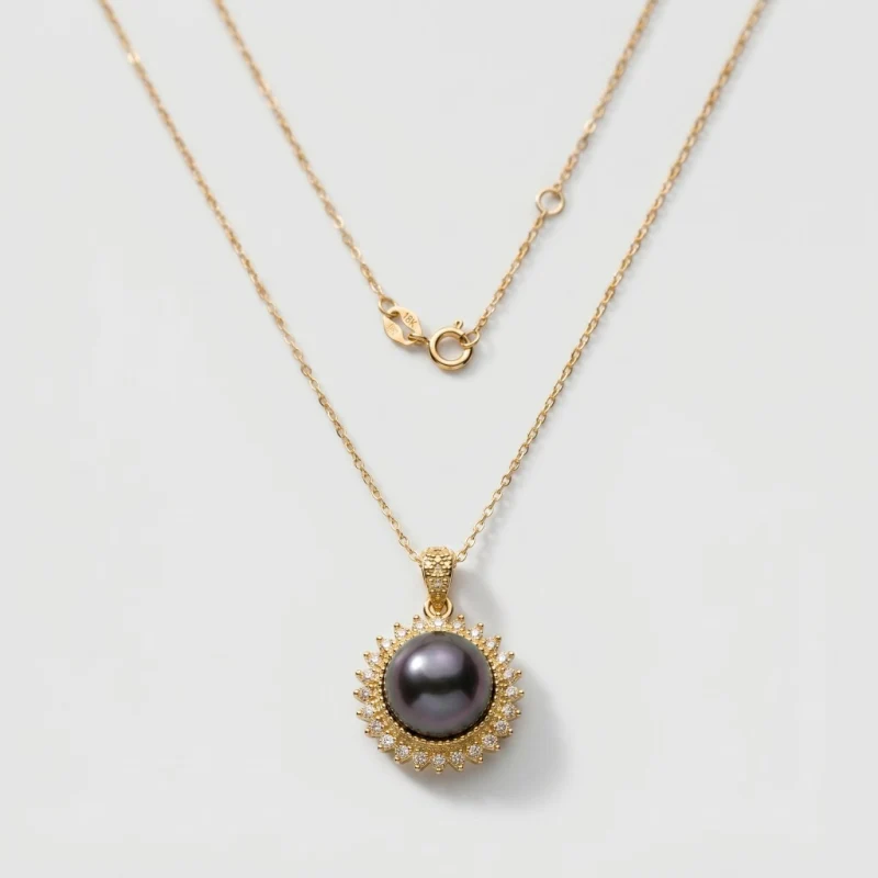 Black Pearl Halo Necklace, 11mm, 18 in, 18K Gold Plated - Main Image